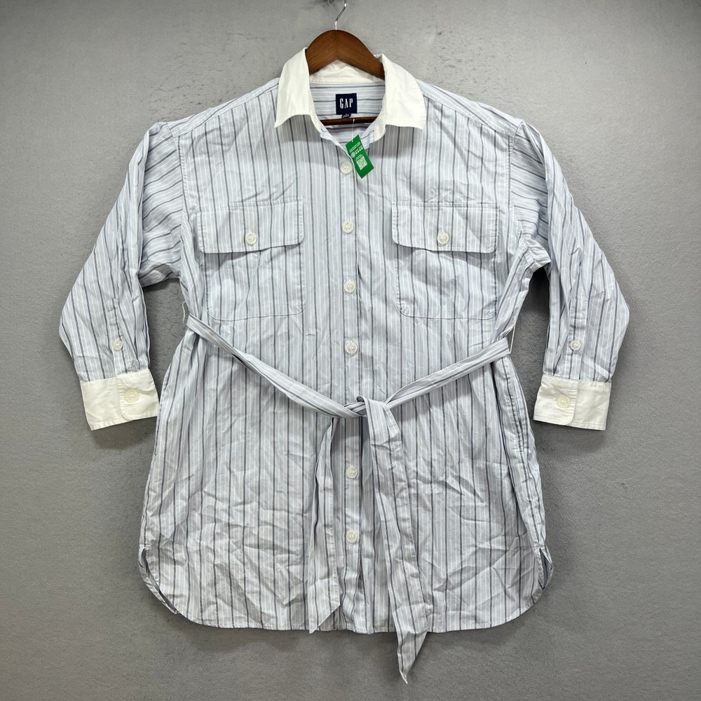 GAP Shirt Dress Womens S Petite Blue White Striped Belted Cotton Mini Preppy New